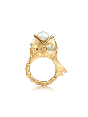 Ring, Young Fish med 3 Diamanter, Akvamarin og Akoyaperle