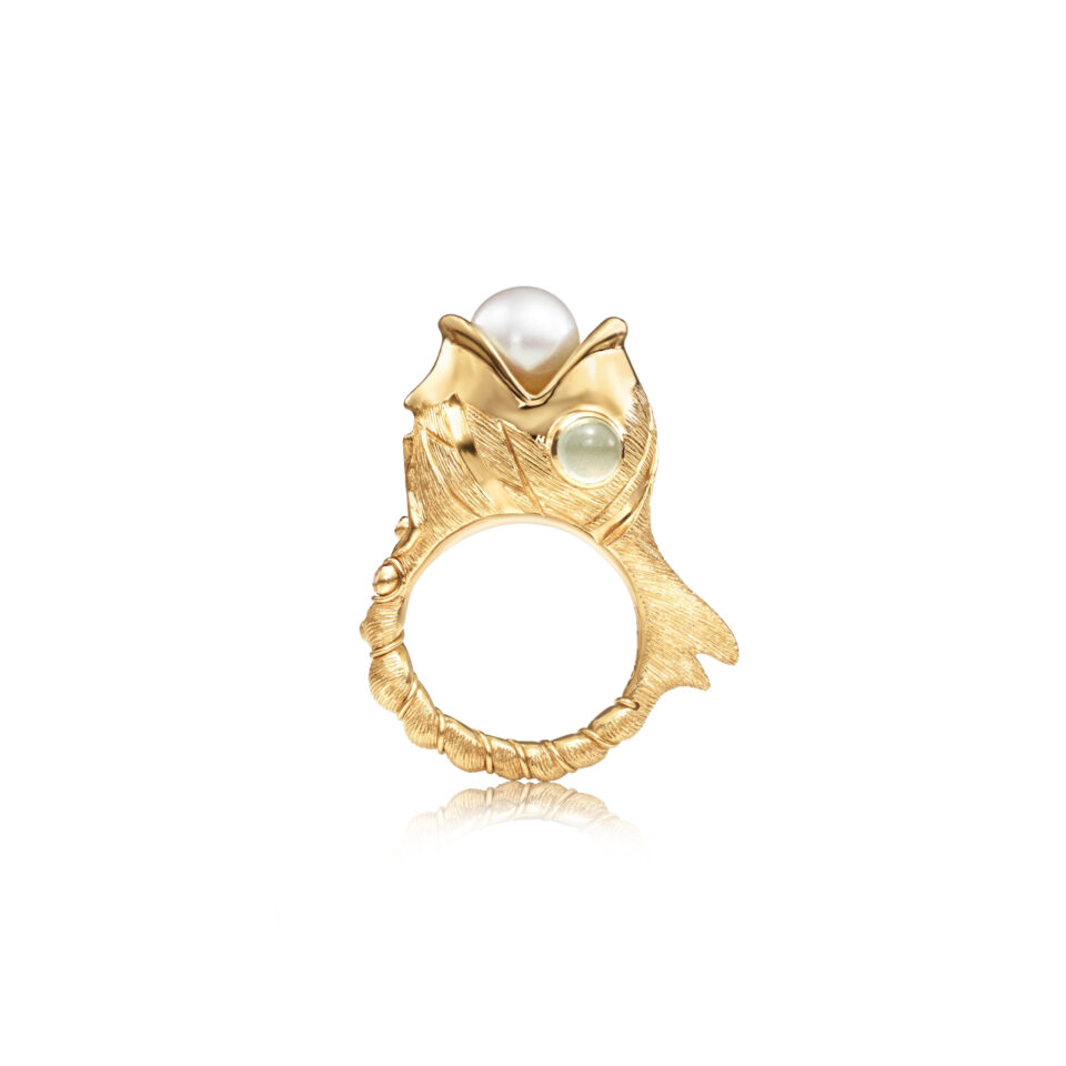 Ring, Young Fish med 3 Diamanter, Akvamarin og Akoyaperle