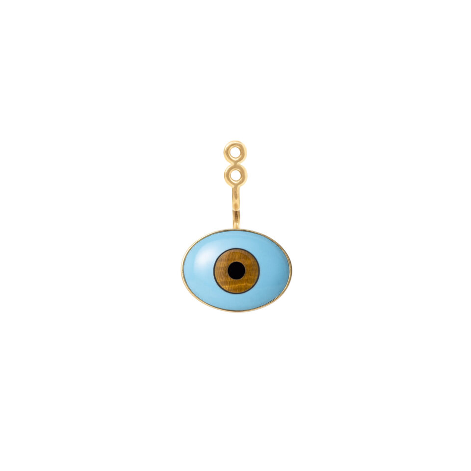 Øredobber vedheng, Lotus Evil Eye Lille med Turkis, Tigerøye og Onyx gult gull