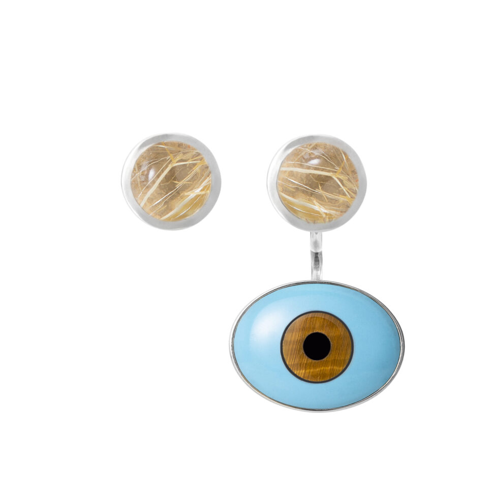 Øredobber vedheng, Lotus Evil Eye Lille med Turkis, Tigerøye og Onyx sølv