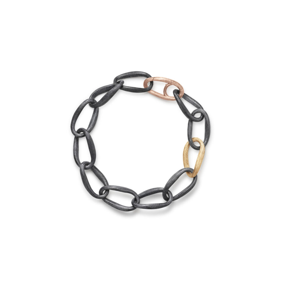 Armbånd, Love lenke medium oksidert sølv, gult gull og roségull