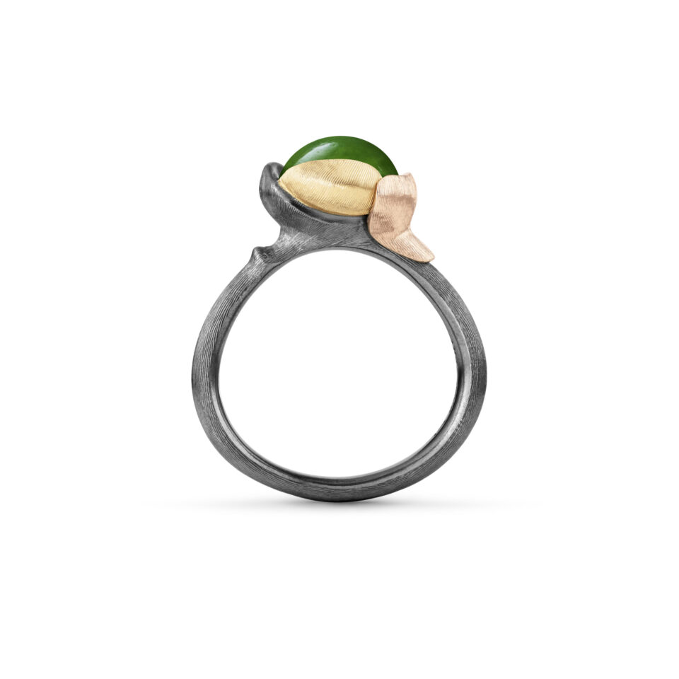 Ring, Lotus 1 Serpentin oksidert sølv, gult gull og roségull