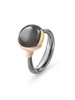 Ring, Lotus 2 Grå Månesten oksidert sølv, gult gull og roségull