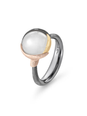 Ring, Lotus 2 Hvit Månesten oksidert sølv, gult gull og roségull