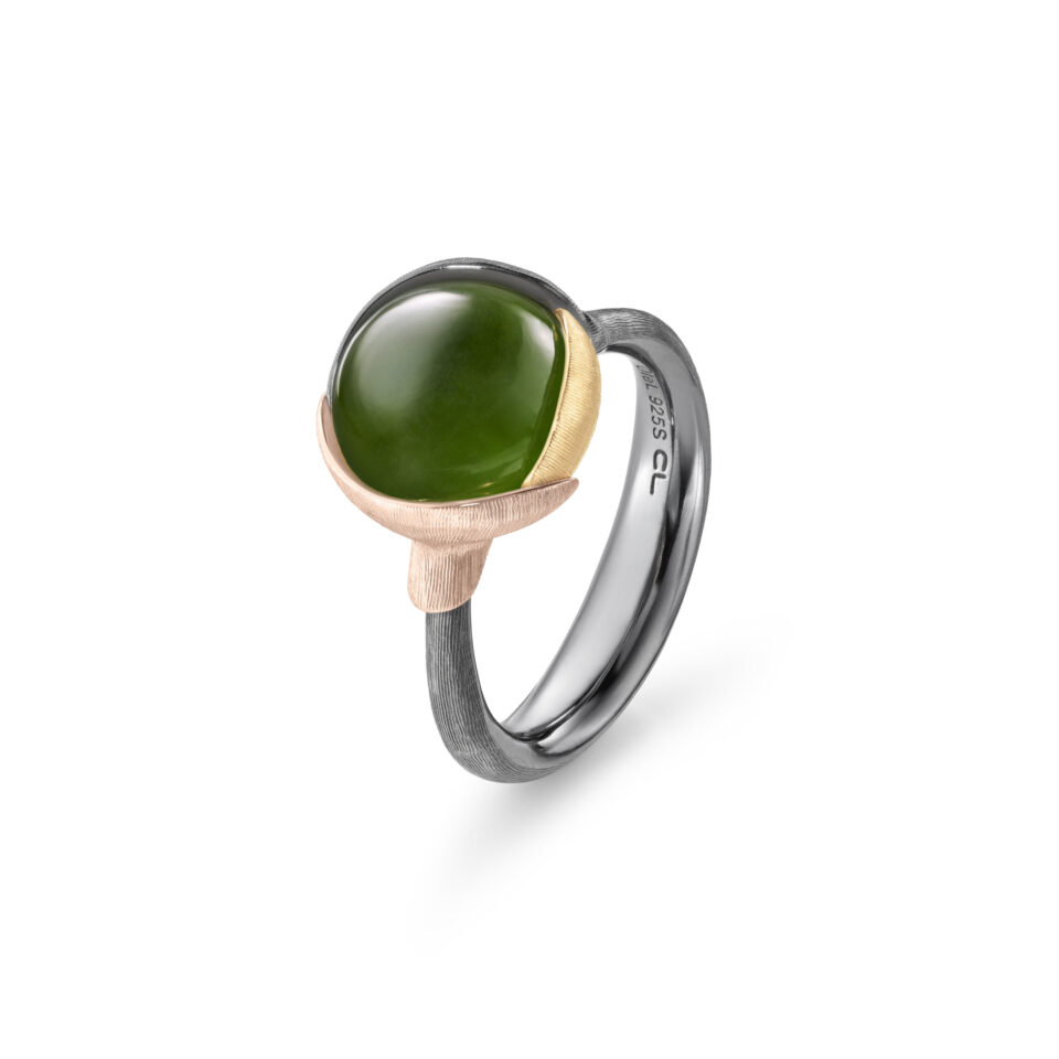 Ring, Lotus 2 Serpentin oksidert sølv, gult gull og roségull
