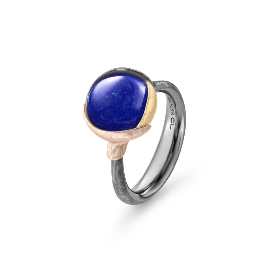 Ring, Lotus 2 Lapis Lazuli oksidert sølv, gult gull og roségull
