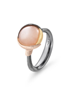 Ring, Lotus 2 Blush Månesten oksidert sølv, gult gull og roségull