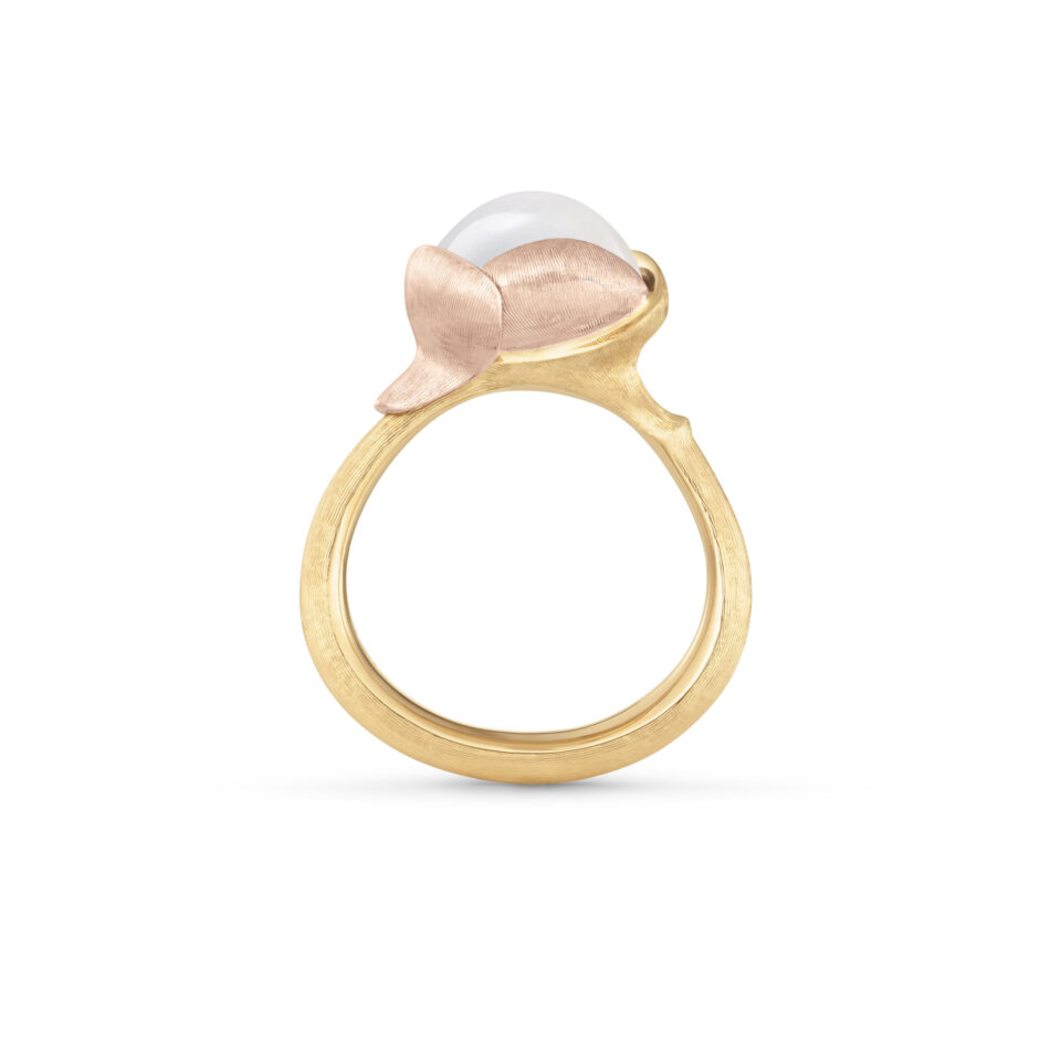 Ring, Lotus 2 Hvit Månesten gult gull og roségull