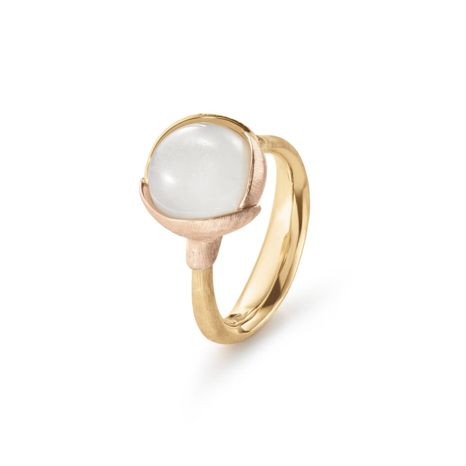 Ring, Lotus 2 Hvit Månesten gult gull og roségull