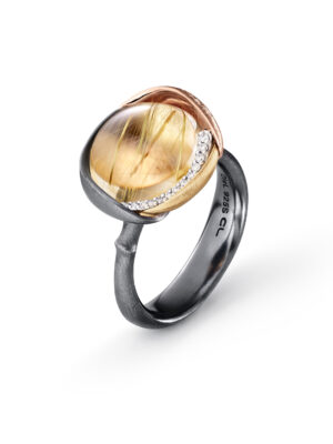 Ring, Lotus 3 Rutilkvarts oksidert sølv, gult gull og roségull 0,05 ct TW.VS.