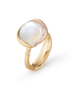 Ring, Lotus 3 Hvit Månesten gult gull og roségull 0,05 ct TW.VS.
