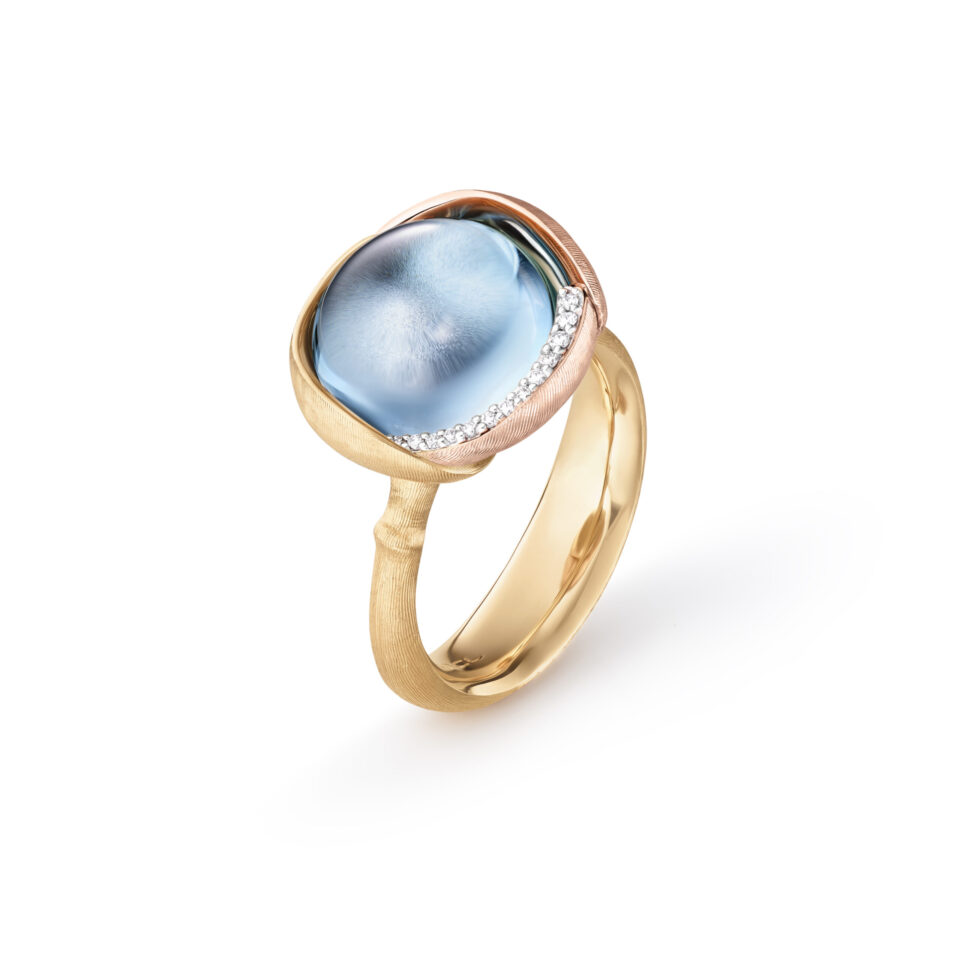Ring, Lotus 3 Sky Blue Topas gult gull og roségull 0,05 ct TW.VS.