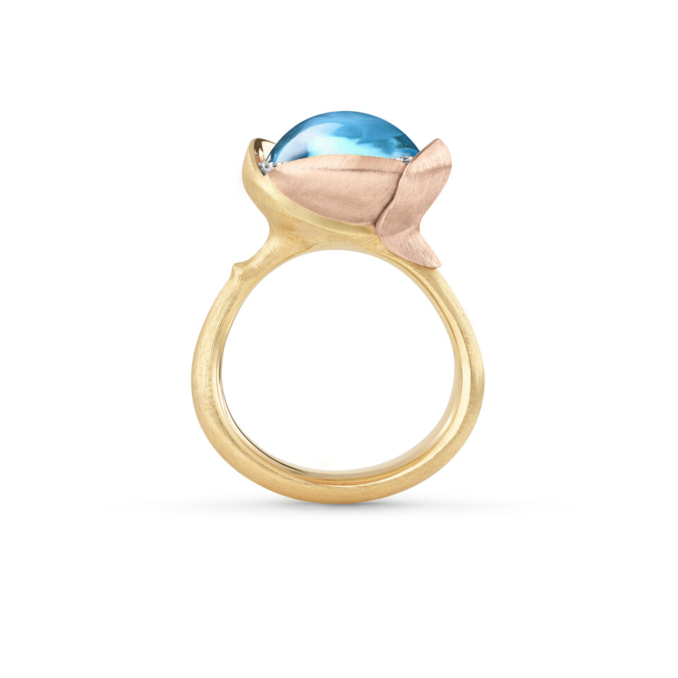 Ring, Lotus 3 Sky Blue Topas gult gull og roségull 0,05 ct TW.VS.