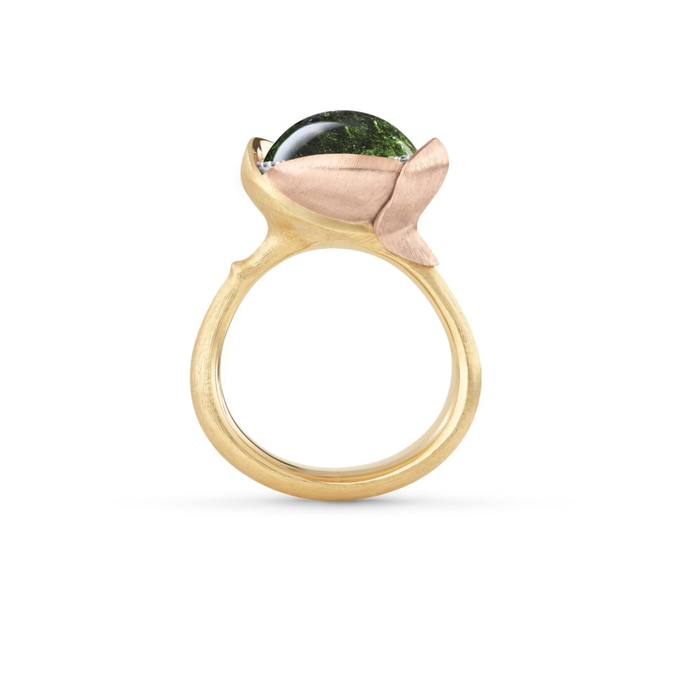 Ring, Lotus 3 Grønn Turmalin gult gull og roségull 0,05 ct TW.VS.