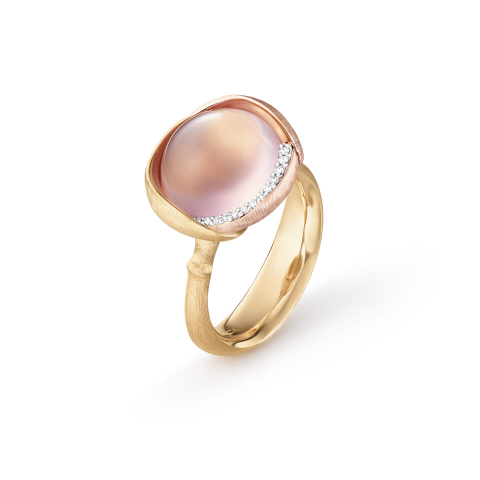Ring, Lotus 3 Rosenkvarts gult gull og roségull 0,05 ct TW.VS.