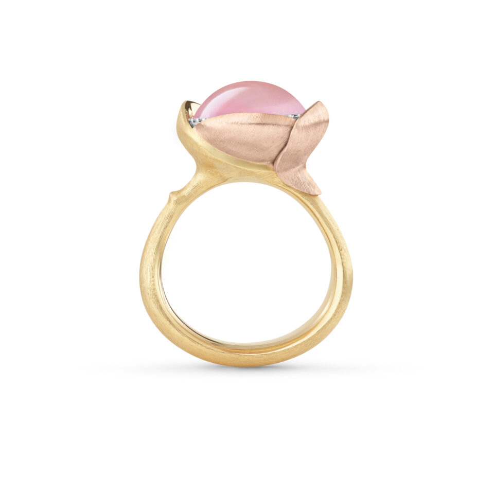 Ring, Lotus 3 Rosenkvarts gult gull og roségull 0,05 ct TW.VS.
