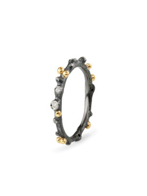 Ring, Nature oksidert sølv og 18 k gult gull 0,04 ct TW.VS.