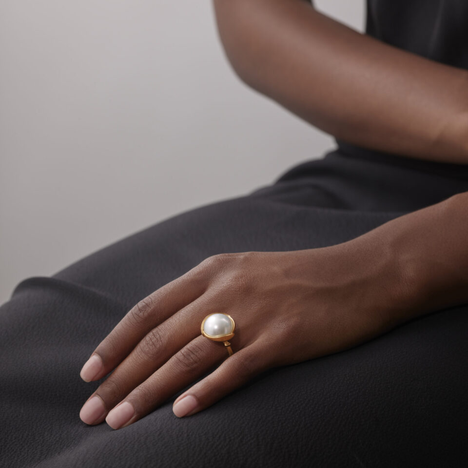 Ring, Lotus Stor Hvit Sydhavsperle gult gull