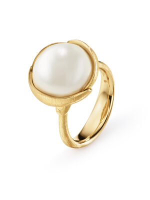 Ring, Lotus Stor Hvit Sydhavsperle gult gull