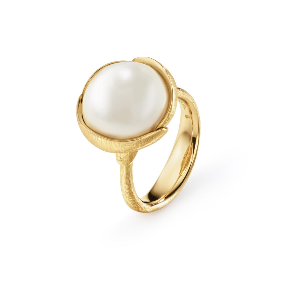 Ring, Lotus Stor Hvit Sydhavsperle gult gull