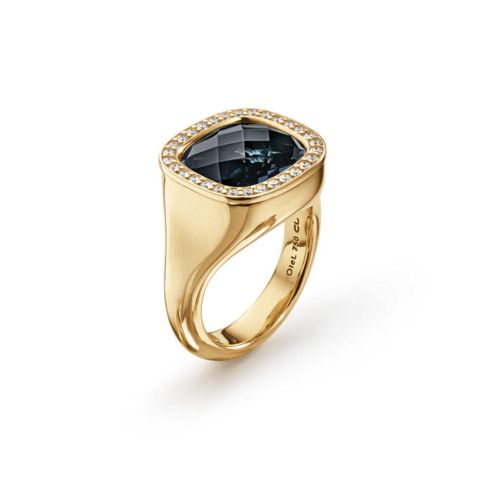 Ring, Cushion London Blå Topas med diamantkant 0,30 ct TW.VS.
