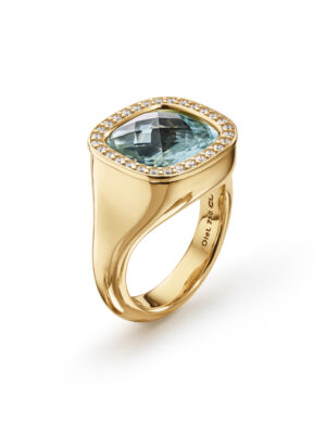 Ring, Cushion Akvamarin med diamantkant 0,30 ct TW.VS.