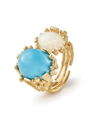 Ring, BoHo Dobbelt Turkis og Lyseblå Opal gult gull 0,05 ct. TW.VS.