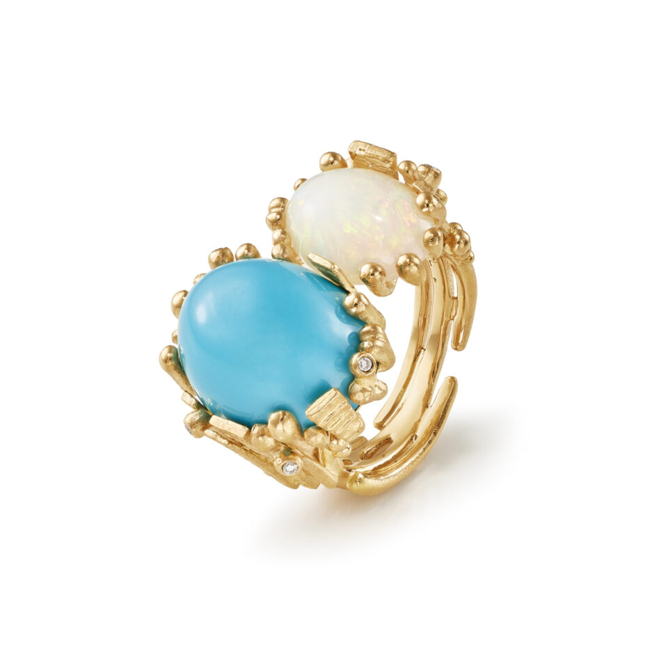 Ring, BoHo Dobbelt Turkis og Lyseblå Opal gult gull 0,05 ct. TW.VS.