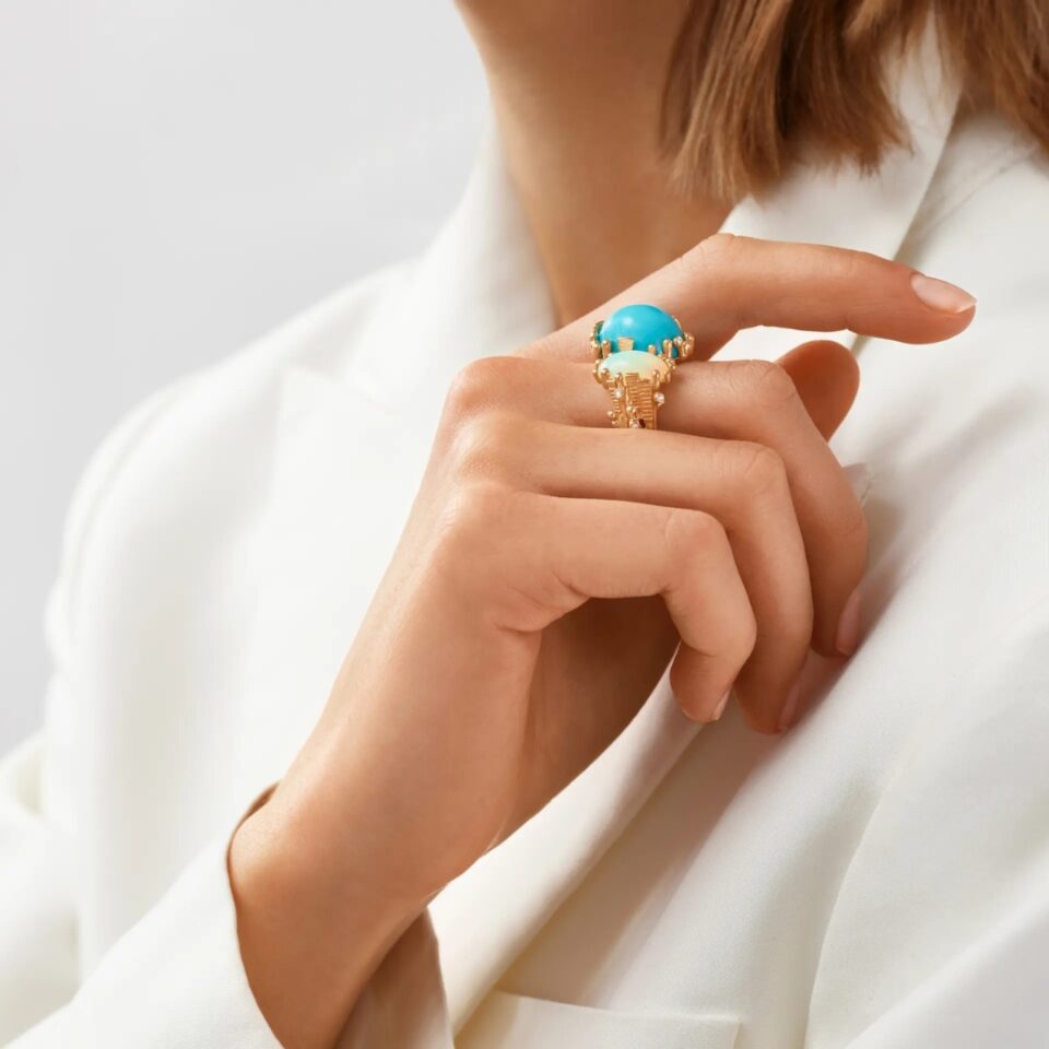 Ring, BoHo Dobbelt Turkis og Lyseblå Opal gult gull 0,05 ct. TW.VS.
