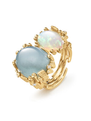 Ring, BoHo Dobbelt Akvamarin og Opal gult gull 0,05 ct. TW.VS.