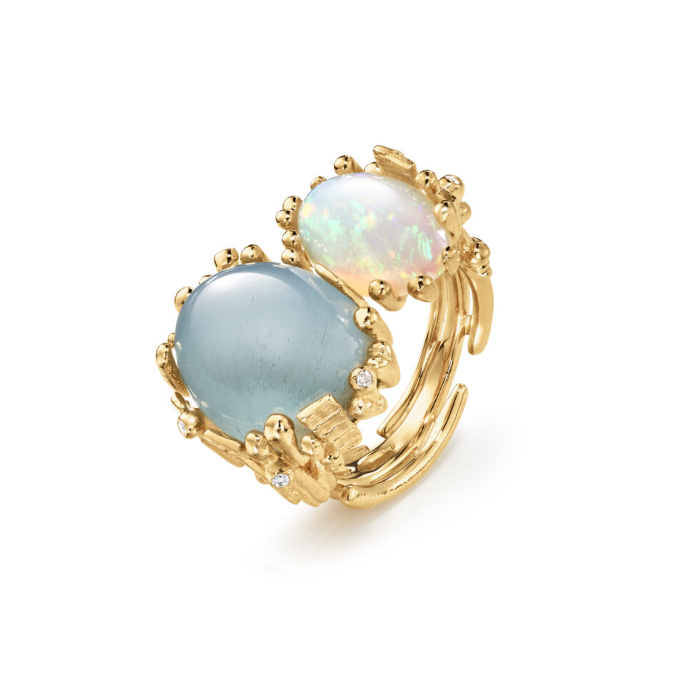Ring, BoHo Dobbelt Akvamarin og Opal gult gull 0,05 ct. TW.VS.