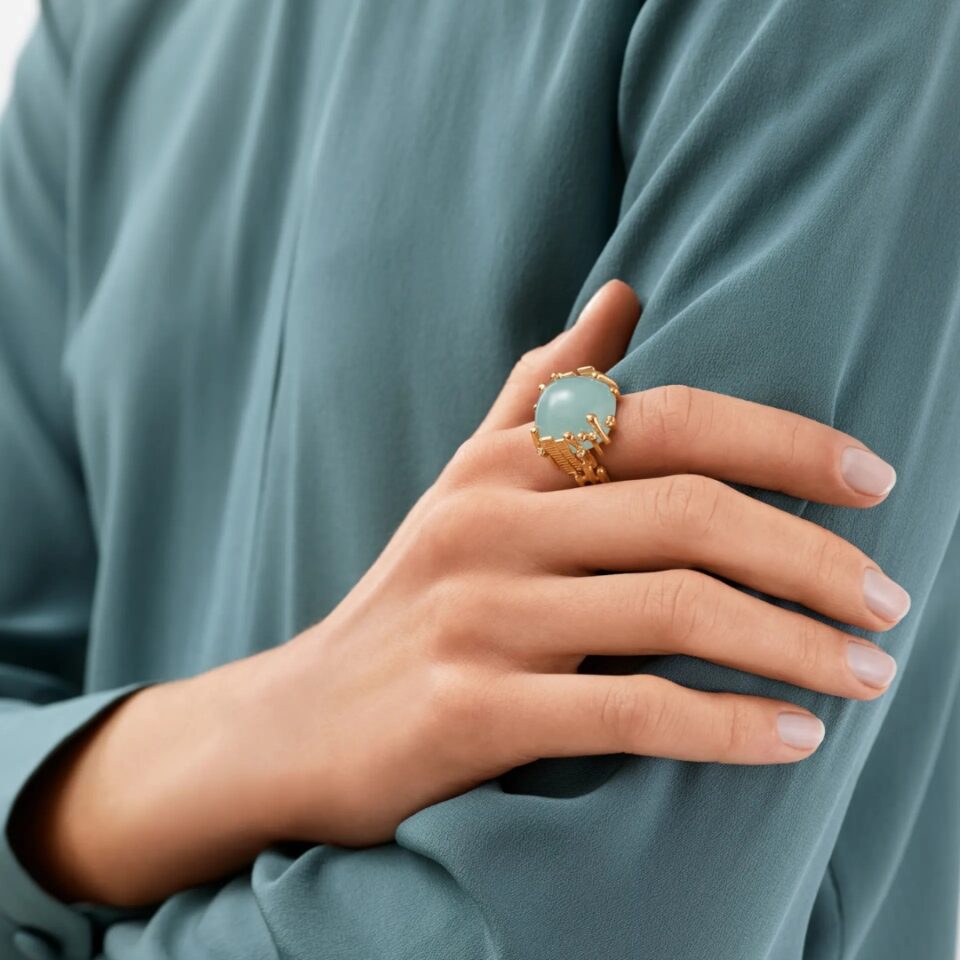 Ring, BoHo Stor Blågrønn Akvamarin gult gull 0,06 ct. TW.VS.