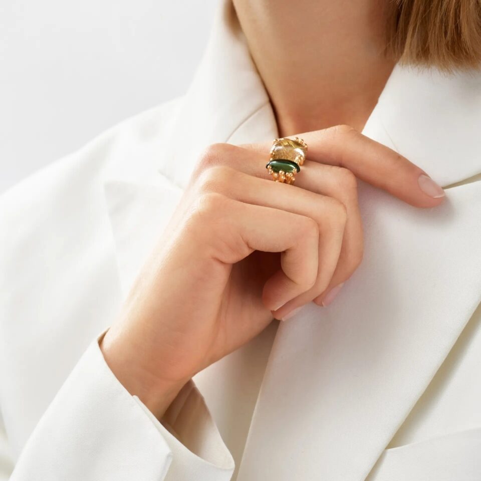 Ring, BoHo Dobbelt Rutilkvarts og Grønn Turmalin gult gull 0,04 ct. TW.VS.