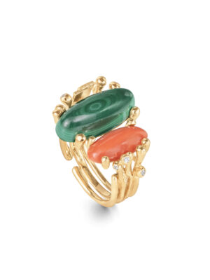 Ring, BoHo Dobbelt Malakitt og Korall gult gull 0,04 ct. TW.VS.