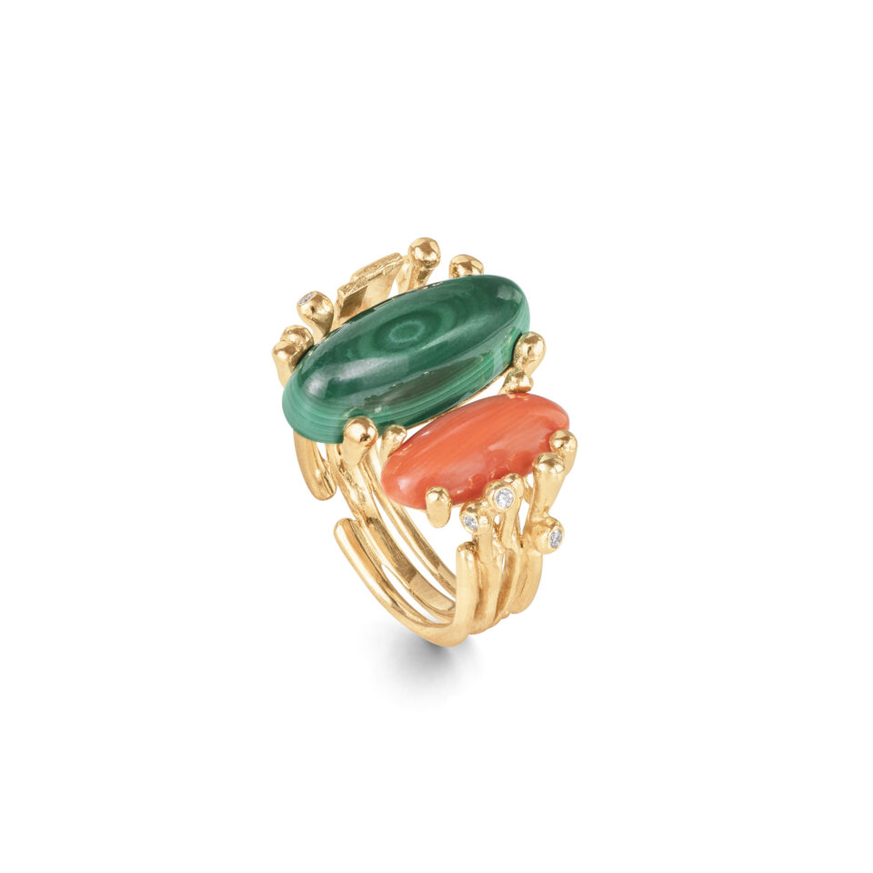 Ring, BoHo Dobbelt Malakitt og Korall gult gull 0,04 ct. TW.VS.