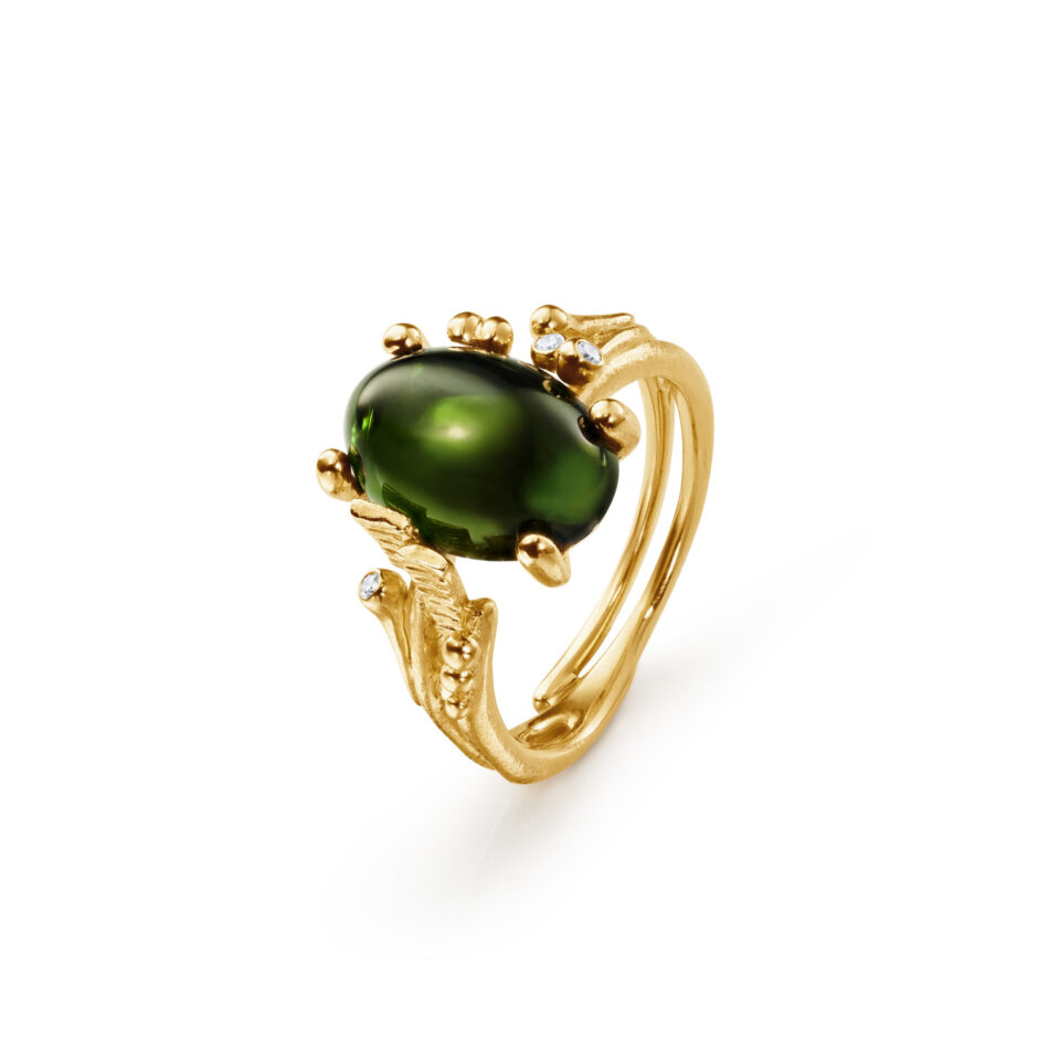 Ring, BoHo Liten Grønn Turmalin gult gull 0,02 ct. TW.VS.