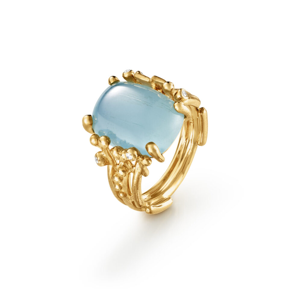 Ring, BoHo Medium Blå Akvamarin gult gull 0,04 ct. TW.VS.