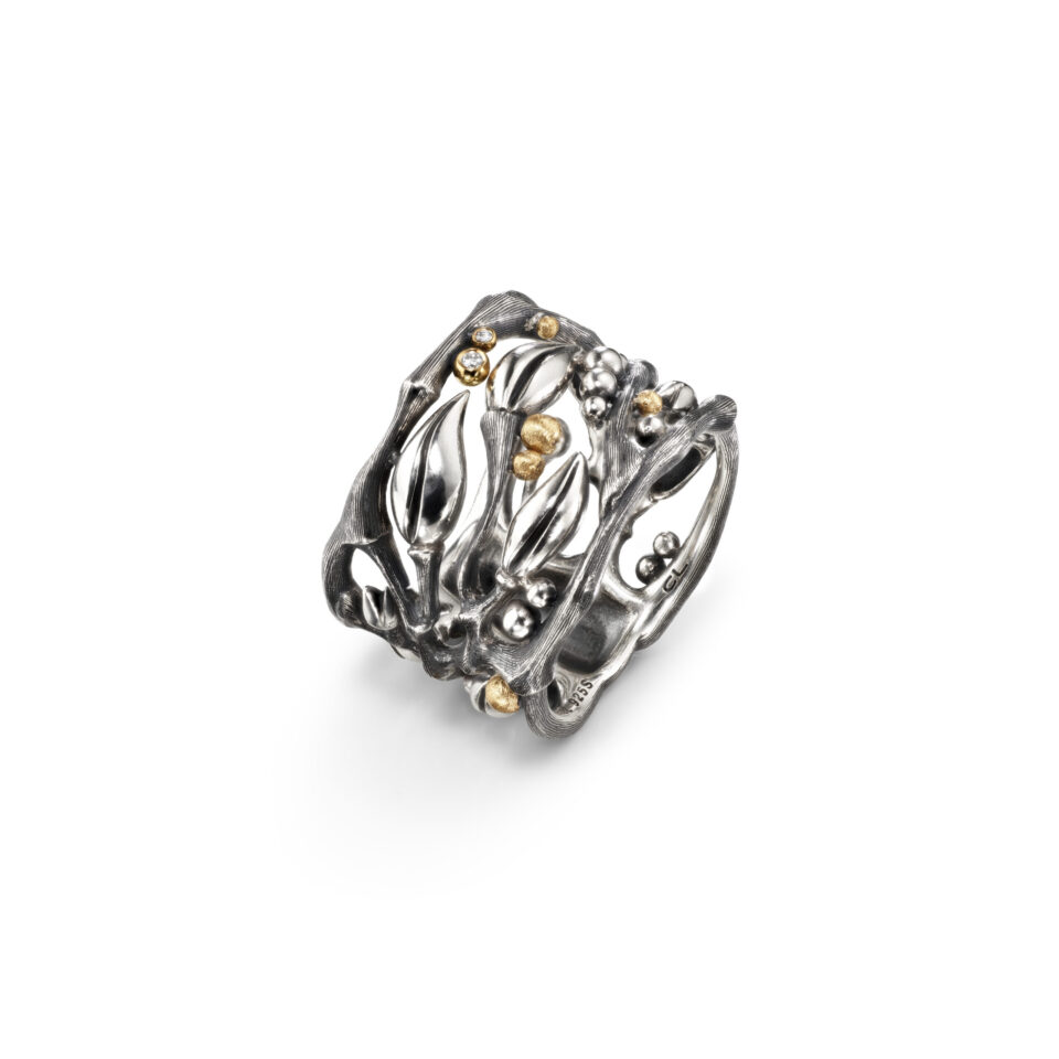 Ring, Forest sølv og 18 k gult gull 0,02 ct TW.VS.