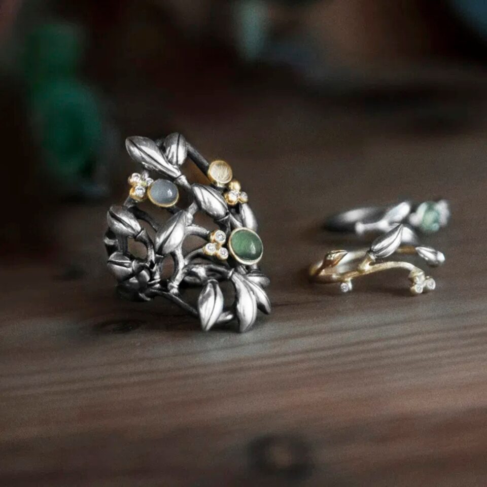 Ring, Forest stor sølv og 18 k gult gull med diamanter 0,08 ct TW.VS. - Serpentin, Grå Månesten og Rutilkvarts 
