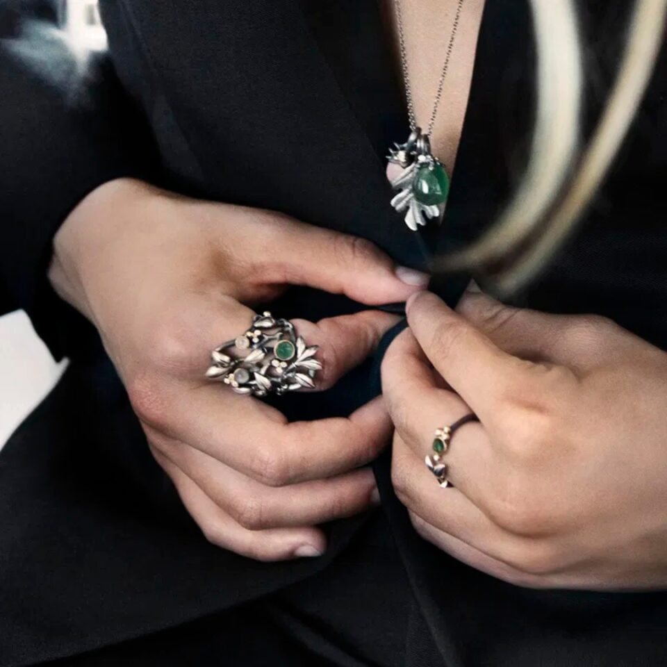 Ring, Forest stor sølv og 18 k gult gull med diamanter 0,08 ct TW.VS. - Serpentin, Grå Månesten og Rutilkvarts 