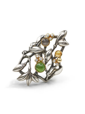 Ring, Forest stor sølv og 18 k gult gull med diamanter 0,08 ct TW.VS. - Serpentin, Grå Månesten og Rutilkvarts 