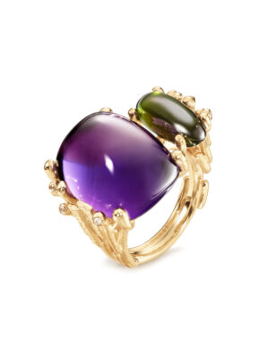 Ring, BoHo Dobbelt Ametyst og Grønn Turmalin gult gull 0,04 ct. TW.VS.