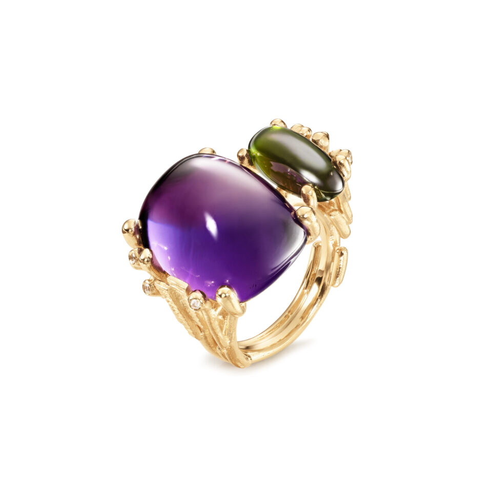 Ring, BoHo Dobbelt Ametyst og Grønn Turmalin gult gull 0,04 ct. TW.VS.