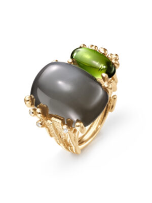 Ring, BoHo Dobbelt Grå Månesten og Grønn Turmalin gult gull 0,04 ct. TW.VS.