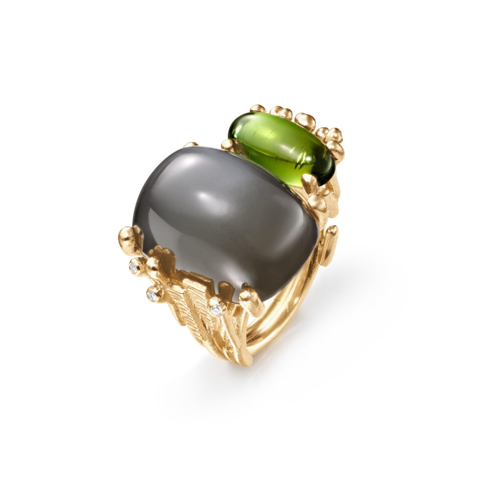 Ring, BoHo Dobbelt Grå Månesten og Grønn Turmalin gult gull 0,04 ct. TW.VS.