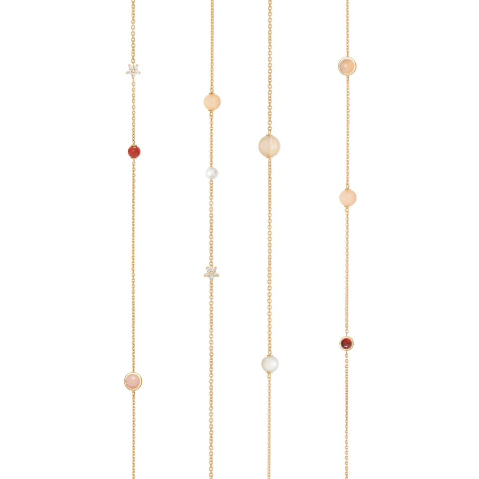 Kjede, Shooting Stars Collier 90 cm 3 Stjerner 0,12 ct. TW.VS. - Blush Månesten, Grå Månesten, Rosa Korall, Hvit Perle, Karneol og Rosenkvarts