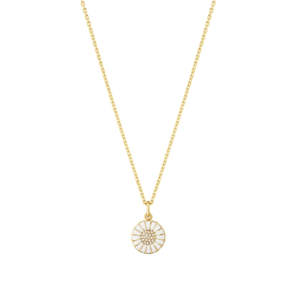 GEORG JENSEN - HALSKJEDE, DAISY ANHENG LITEN FORGYLT SØLV MED HVIT EMALJE OG DIAMANTER 0,05 CT.