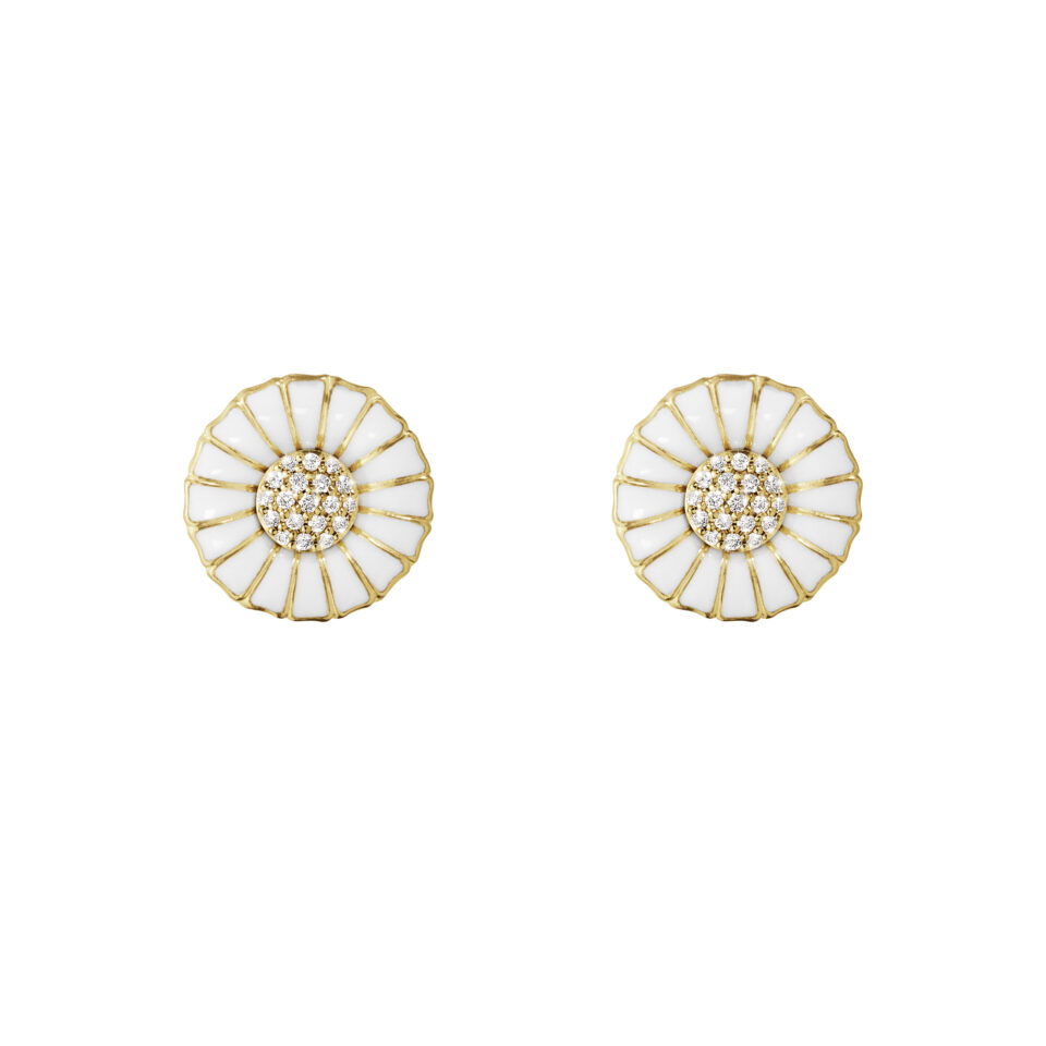 GEORG JENSEN - ØREDOBBER, DAISY FORGYLT SØLV MED HVIT EMALJE OG DIAMANTER 0,10 CT.
