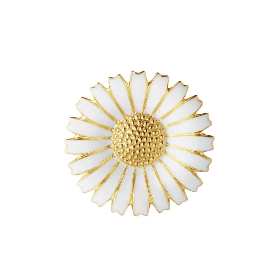 GEORG JENSEN - BROSJE-HALSKJEDE, DAISY BROSJE-ANHENG FORGYLT SØLV MED HVIT EMALJE - DETALJER FORAN