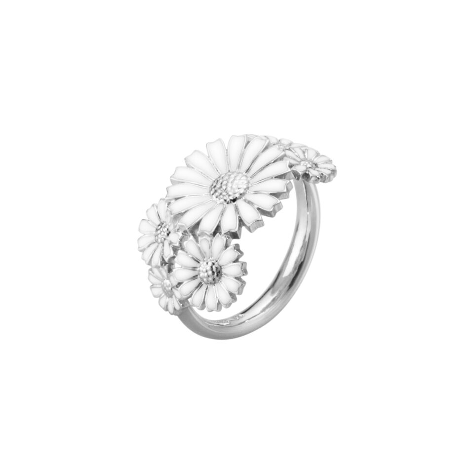 GEORG JENSEN - RING, DAISY FLERBLOMSTRET SØLV MED HVIT EMALJE